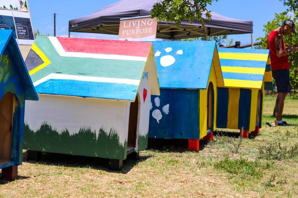 Image of several colourfully painted dog houses